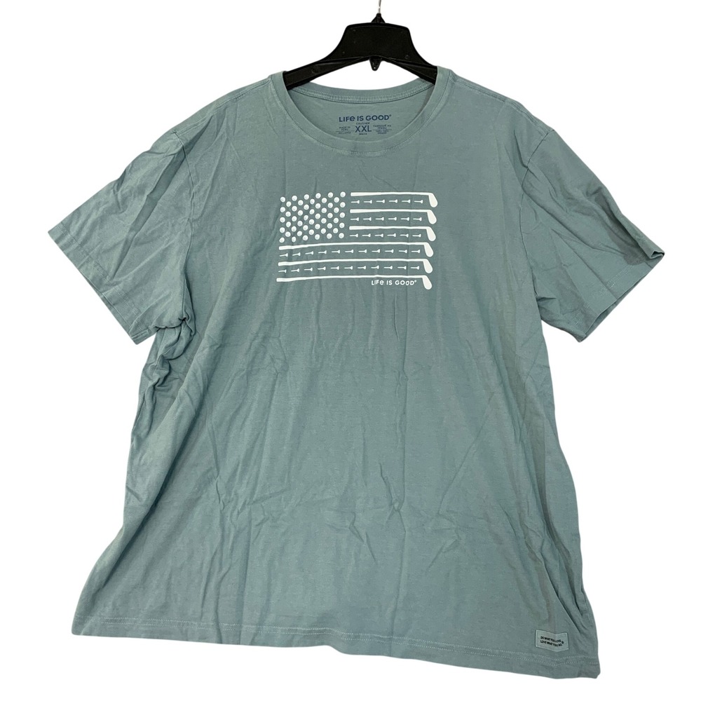 Life Is Good Men's XXL Blue Green Crusher Golf Flag T-Shirt Cotton Short Sleeve